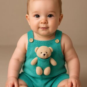 jardineira trico com ursinho verde