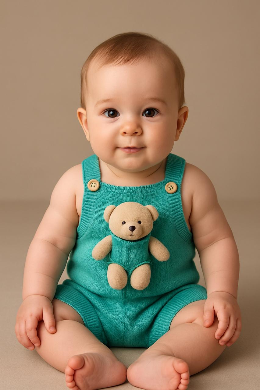 jardineira trico com ursinho verde